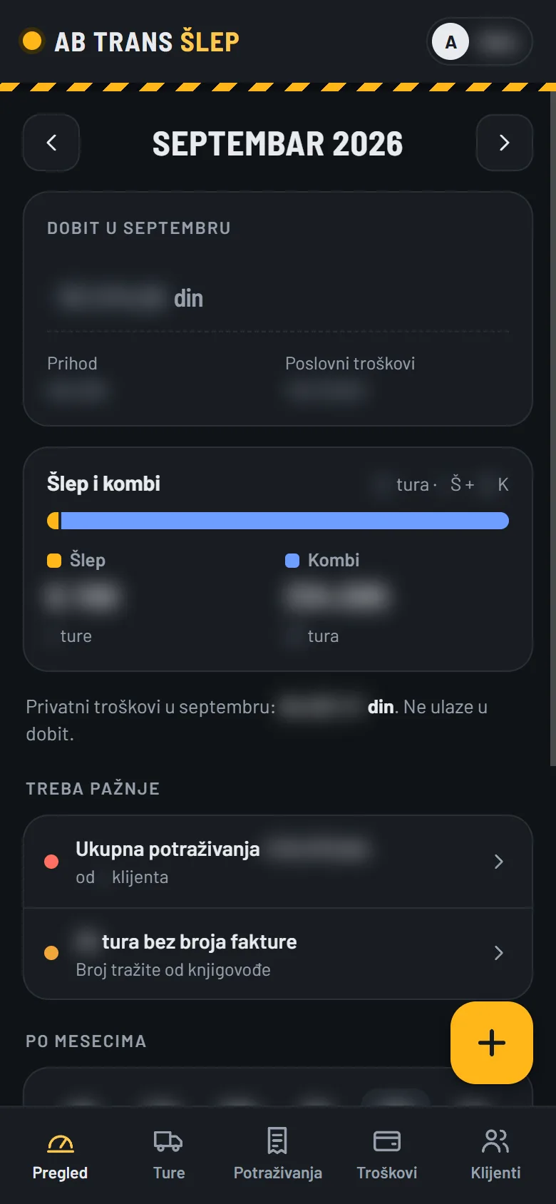 AB TRANS-ŠLEP aplikacija na telefonu — pregled meseca; iznosi su sakriveni