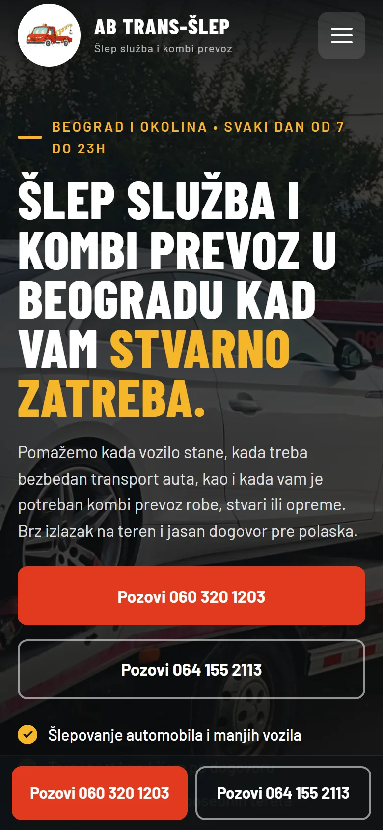 AB TRANS-ŠLEP — sajt na telefonu, sa dugmićima za poziv na dnu ekrana