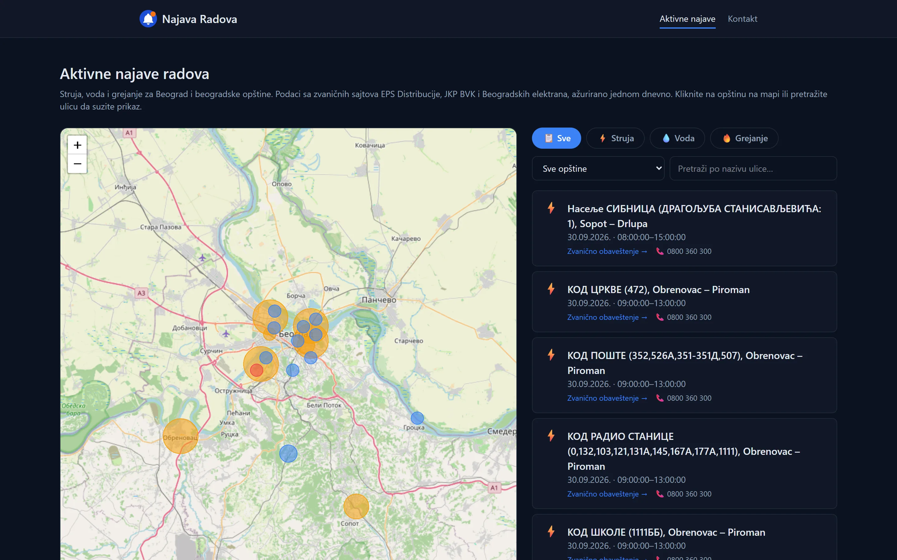 Najava Radova — mapa Beograda sa najavljenim isključenjima