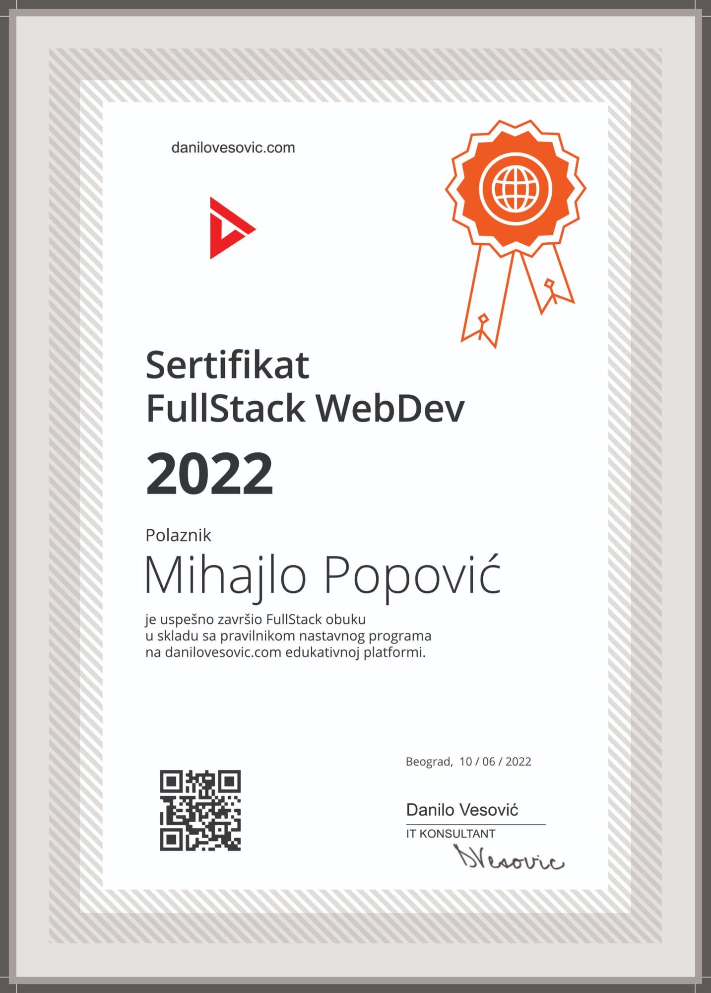 Sertifikat FullStack WebDev 2022 — polaznik Mihajlo Popović, platforma danilovesovic.com